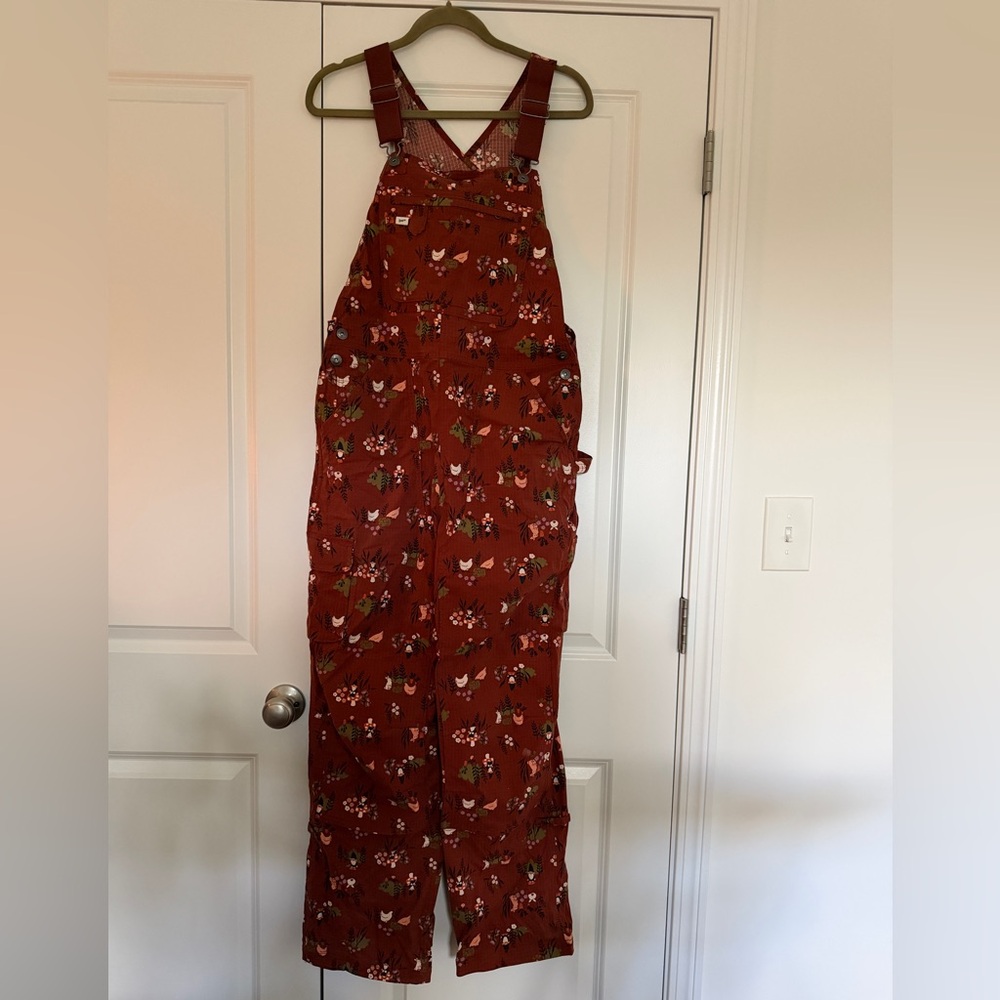 Duluth Trading Co. Floral Red Gnome Overalls